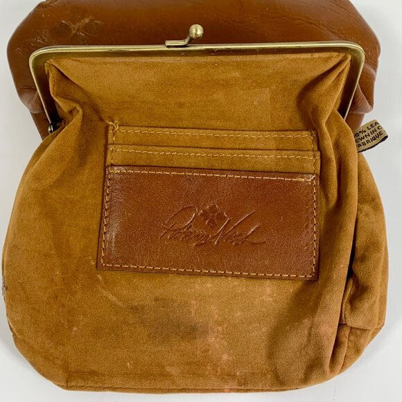 Patricia Nash Brown Leather Womens Clutch Purse Brass Frame Embossed Floral Logo - Picture 13 of 15